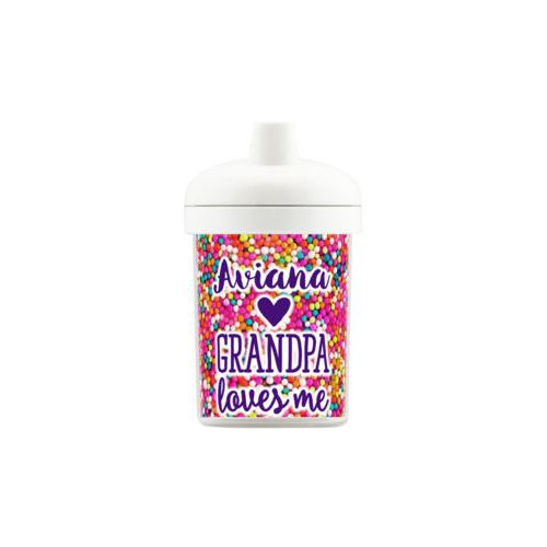 Personalized toddlercup personalized with sweets sprinkle pattern and the sayings "Grandpa loves me" and "Aviana"