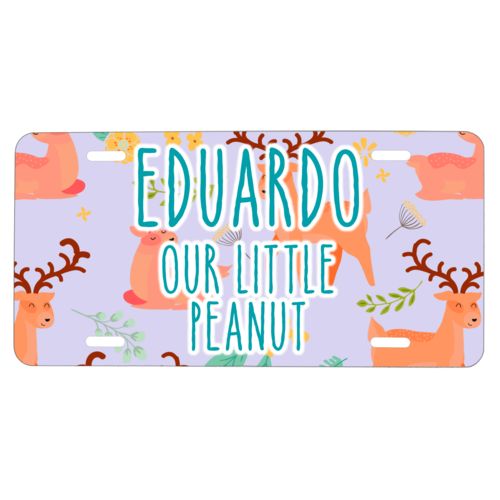Custom car plate personalized with animals deer pattern and the saying "Eduardo our little peanut"