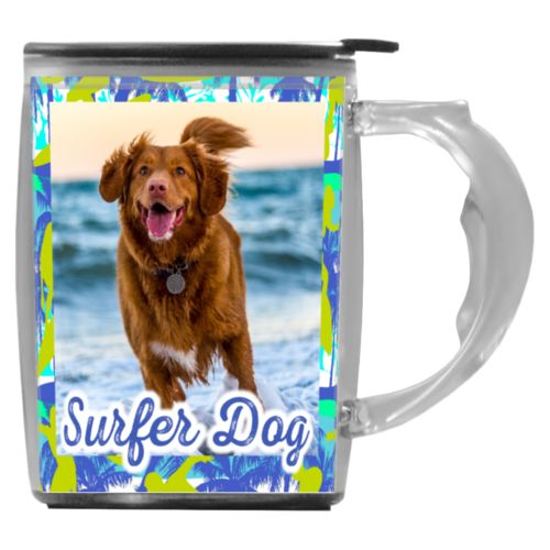 Custom mug with handle personalized with sup pattern and photo and the saying "Surfer Dog"