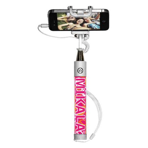 Personalized selfie stick personalized with peace out pattern and the saying "MIKALA"