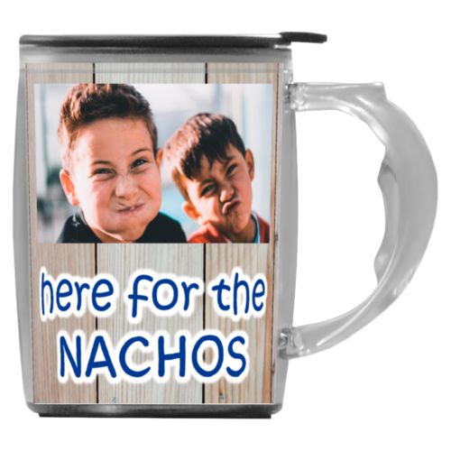 Custom mug with handle personalized with light wood pattern and photo and the saying "here for the Nachos"