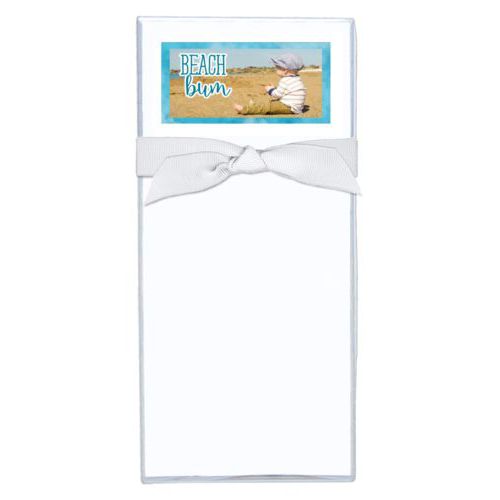 Personalized note sheets personalized with teal cloud pattern and photo and the saying "Beach bum"
