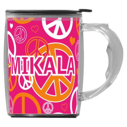 Custom mug with handle personalized with peace out pattern and the saying "MIKALA"