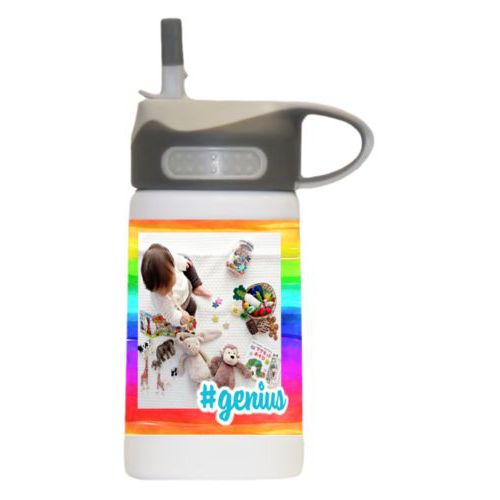 Water bottle for girls personalized with rainbow bright pattern and photo and the saying "#genius"