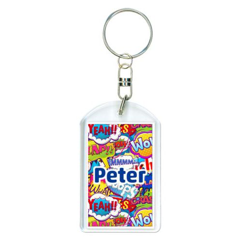 Personalized plastic keychain personalized with comics pattern and the saying "Peter"