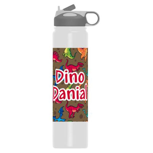 Personalized water bottle personalized with dinosaurs pattern and the saying "Dino Danial"