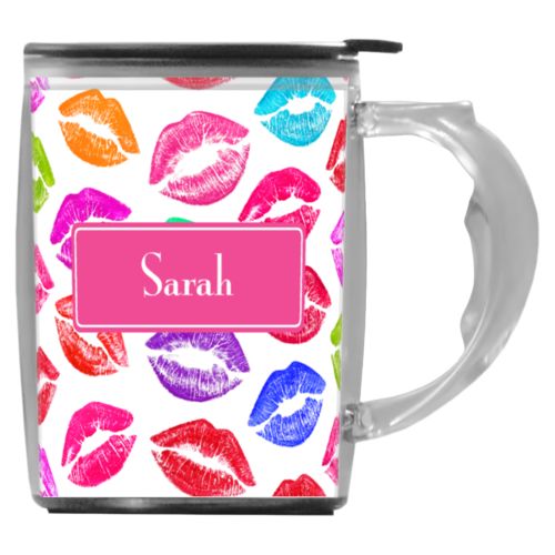 Custom mug with handle personalized with smooch pattern and name in paparte pink