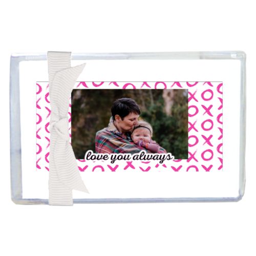 Personalized enclosure cards personalized with hugs pattern and photo and the saying "love you always"