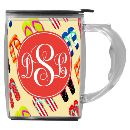 Custom mug with handle personalized with flip flops pattern and monogram in red orange