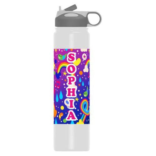 Insulated water bottle personalized with rainbows pattern and the saying "S O P H I A"