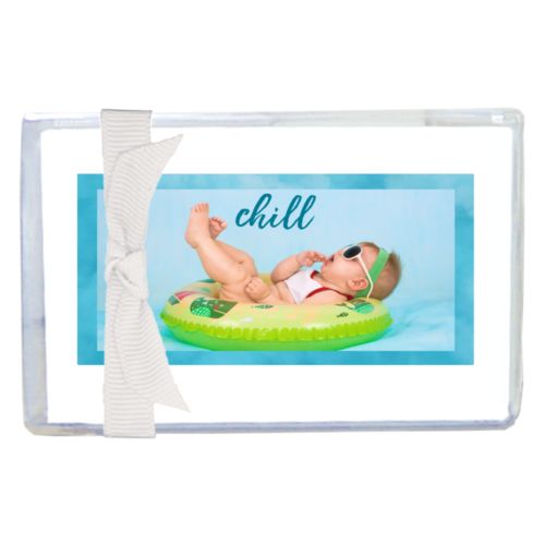 Personalized enclosure cards personalized with teal cloud pattern and photo and the saying "chill"
