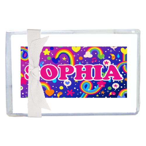 Personalized enclosure cards personalized with rainbows pattern and the saying "SOPHIA"