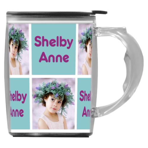 Custom mug with handle personalized with a photo and the saying "Shelby Anne" in dream on - plum and blizzard blue