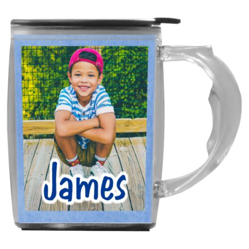 Custom mug with handle personalized with blue chalk pattern and photo and the saying "James"