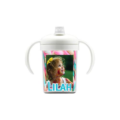Personalized sippycup personalized with sweets twist pattern and photo and the saying "Lilah"