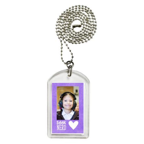 Personalized dog tag personalized with purple chalk pattern and photo and the sayings "book nerd" and "Heart"