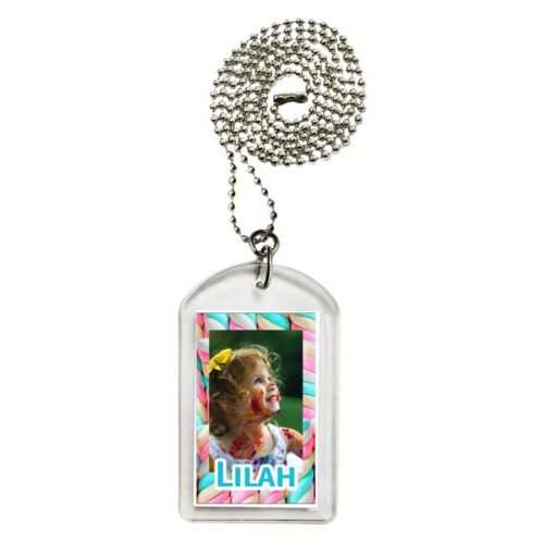 Personalized dog tag personalized with sweets twist pattern and photo and the saying "Lilah"