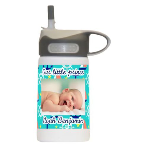 Children's water bottle personalized with anchor pattern and photo and the sayings "Our little prince" and "Noah Benjamin"
