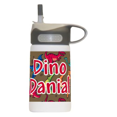 Childrens water bottle personalized with dinosaurs pattern and the saying "Dino Danial"