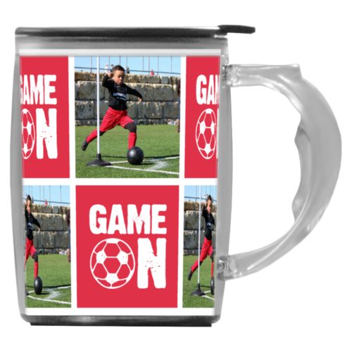 Custom mug with handle personalized with a photo and the saying "Game On" in cherry red and white