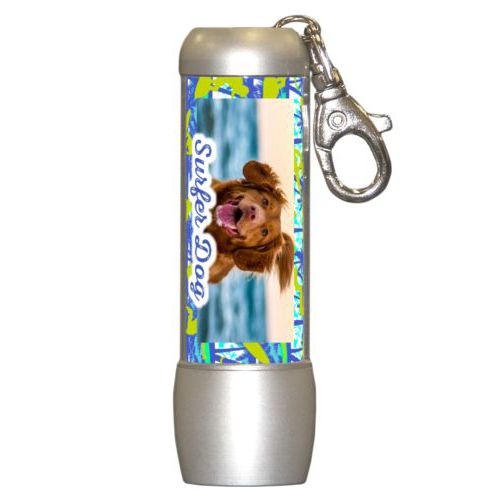 Personalized flashlight personalized with sup pattern and photo and the saying "Surfer Dog"