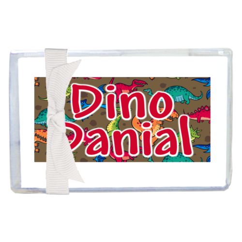 Personalized enclosure cards personalized with dinosaurs pattern and the saying "Dino Danial"