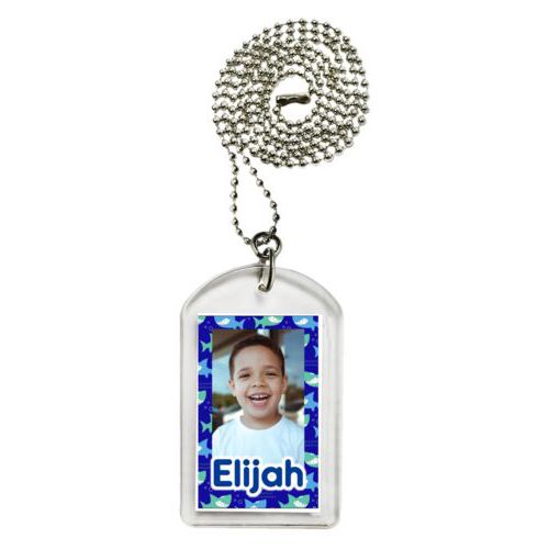 Personalized dog tag personalized with sharks pattern and photo and the saying "Elijah"