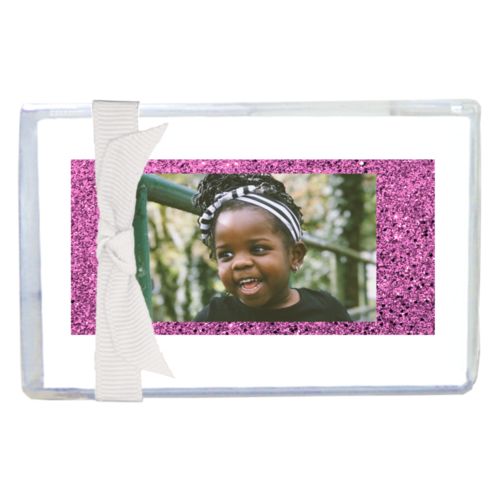 Personalized enclosure cards personalized with light pink glitter pattern and photo