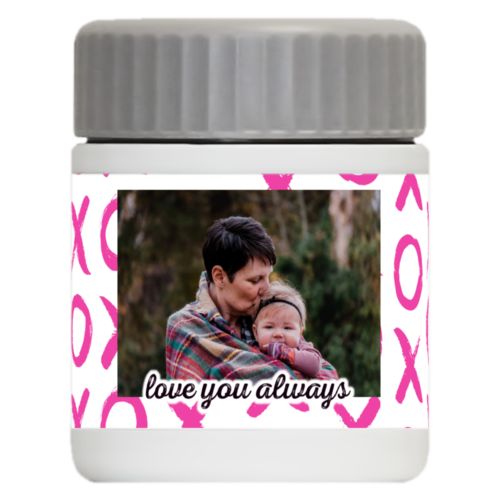 Personalized 12oz food jar personalized with hugs pattern and photo and the saying "love you always"