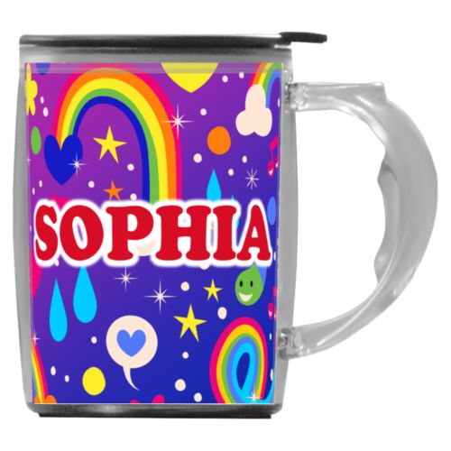 Custom mug with handle personalized with rainbows pattern and the saying "SOPHIA"
