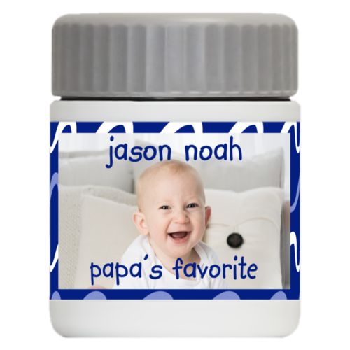Personalized 12oz food jar personalized with break pattern and photo and the sayings "papa's favorite" and "jason noah"