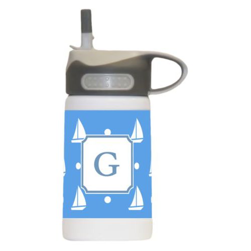 Water bottle for girls personalized with white sails pattern and initial in oxford