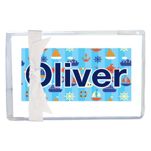 Personalized enclosure cards personalized with submarine pattern and the saying "Oliver"