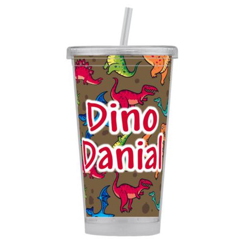 Personalized tumbler personalized with dinosaurs pattern and the saying "Dino Danial"