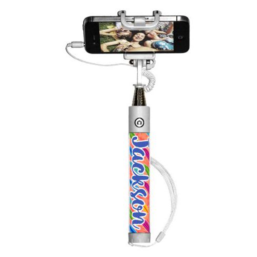 Personalized selfie stick personalized with boards pattern and the saying "Jackson"