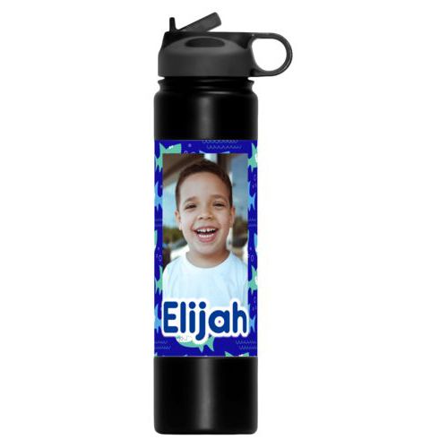 Insulated water bottle personalized with sharks pattern and photo and the saying "Elijah"