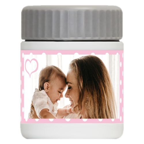 Personalized 12oz food jar personalized with small dots pattern and photo and the saying "Heart Outline"