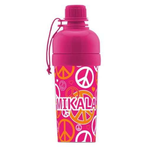 Kids water bottle personalized with peace out pattern and the saying "MIKALA"