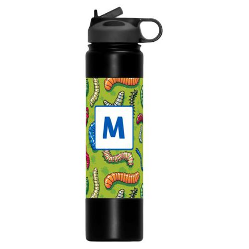 Custom water bottle personalized with worms pattern and initial in cosmic blue