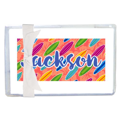 Personalized enclosure cards personalized with boards pattern and the saying "Jackson"
