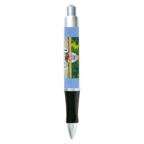 Personalized pen personalized with blue chalk pattern and photo and the saying "James"