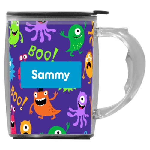 Custom mug with handle personalized with monsters pattern and name in caribbean blue