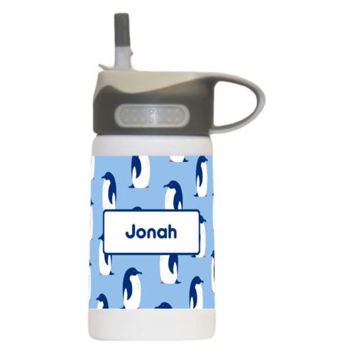 Kids sports water bottle personalized with penguins pattern and name in blue
