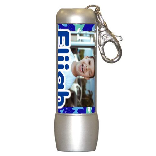 Personalized flashlight personalized with sharks pattern and photo and the saying "Elijah"