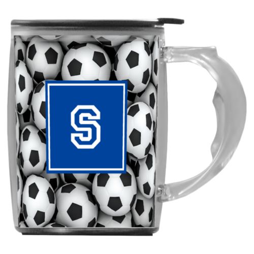 Custom mug with handle personalized with soccer balls pattern and initial in royal blue