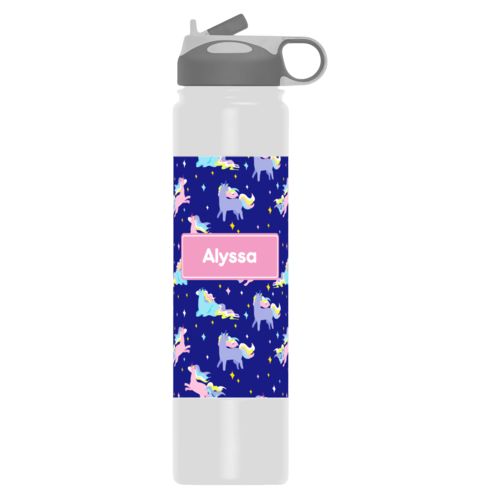 Insulated water bottle personalized with animals unicorn pattern and name in pink