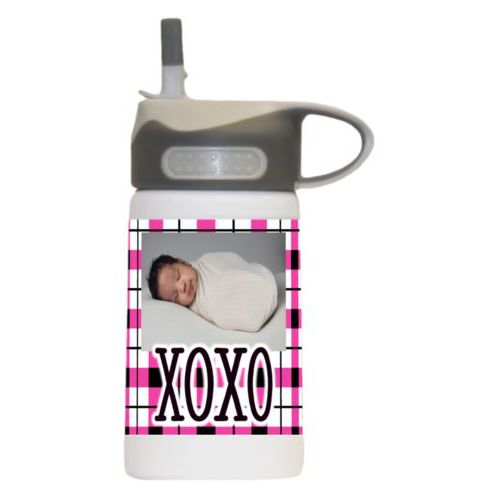 Kids bottle personalized with gingham pattern and photo and the saying "xoxo"