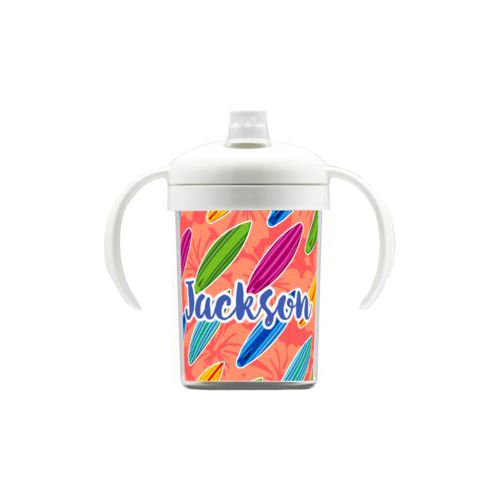 Personalized sippycup personalized with boards pattern and the saying "Jackson"