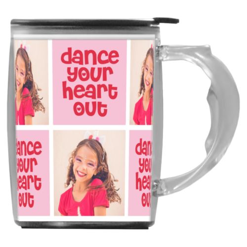 Custom mug with handle personalized with a photo and the saying "dance your heart out" in cherry red and rosy cheeks pink