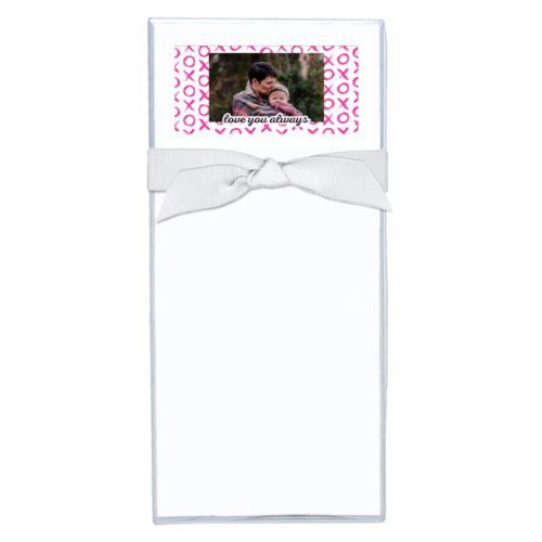 Personalized note sheets personalized with hugs pattern and photo and the saying "love you always"